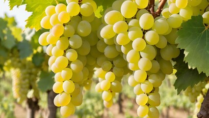 Ripe Chardonnay grapes hanging on vine at the time of grape harvest
