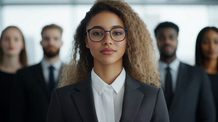 Glass lens highlights one professional in suit among multiracial, gender-diverse employee models on digital interface, representing hiring excellence