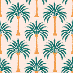 Seamless tropical pattern with green palm trees and retro arches. Summer vacation, beach, or island theme design. Vintage botanical vector background.	