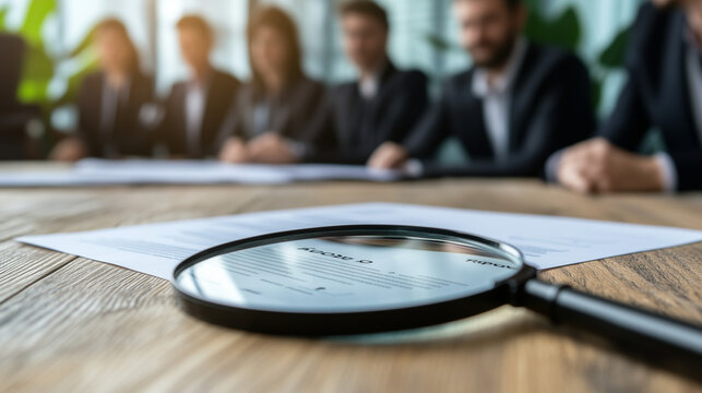 Office desk setup with diversity recruitment charts, glass magnifier zeroes in on a selected resume image with confident manager photo