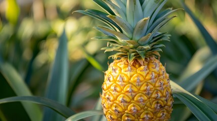 Fototapeta premium Fresh and juicy ripe pineapple with vibrant yellow skin, ready to be enjoyed, capturing the natural sweetness and tropical flavor of the fruit