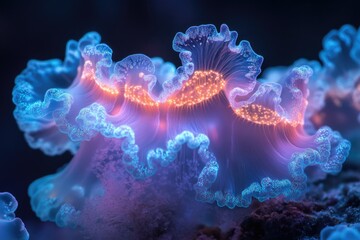 Glowing bioluminescent jellyfish underwater, intricate details, vibrant colors.