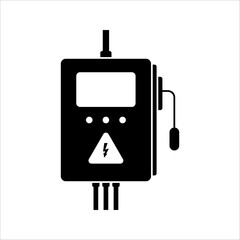 Isolated black and white vector illustration of temporary electrical panel box installation. Sign and symbol for electricity equipment.