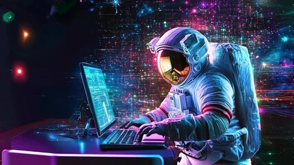 An astronaut sits at a futuristic desk, typing on a laptop while surrounded by vibrant cosmic colors and digital graphics in space. - Powered by Adobe
