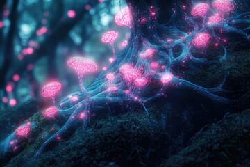 Glowing pink bioluminescent mushrooms growing on a dark forest tree, connected by vibrant blue glowing threads.