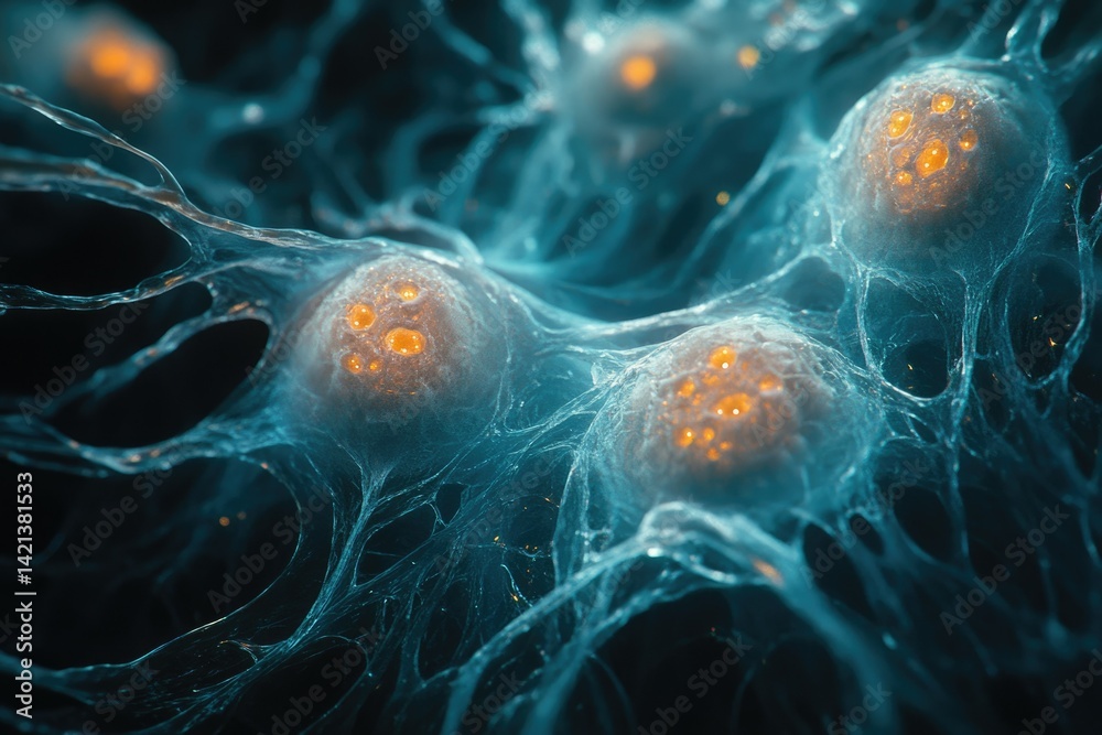 Aufkleber microscopic view of cells interconnected by a complex network, glowing orange organelles within.