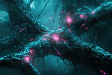 Glowing pink veins pulse through a dark, teal, bioluminescent, alien tree in a misty, otherworldly forest.