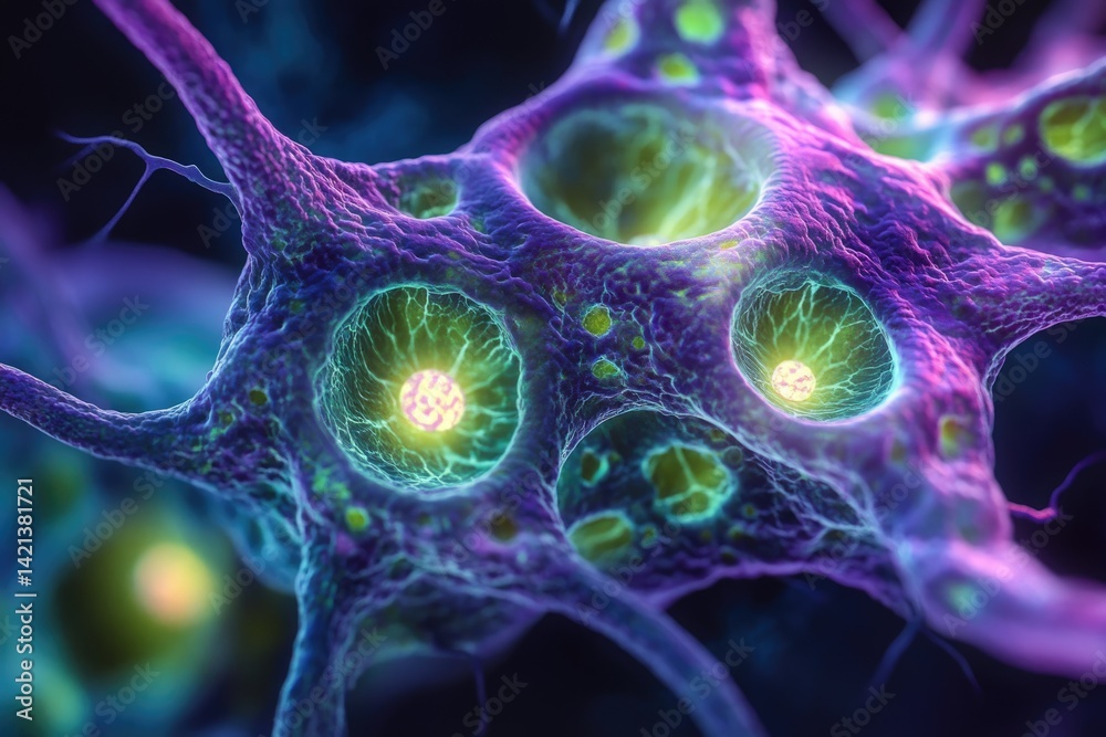Poster microscopic view of a vibrant cell, showcasing intricate network and glowing organelles.