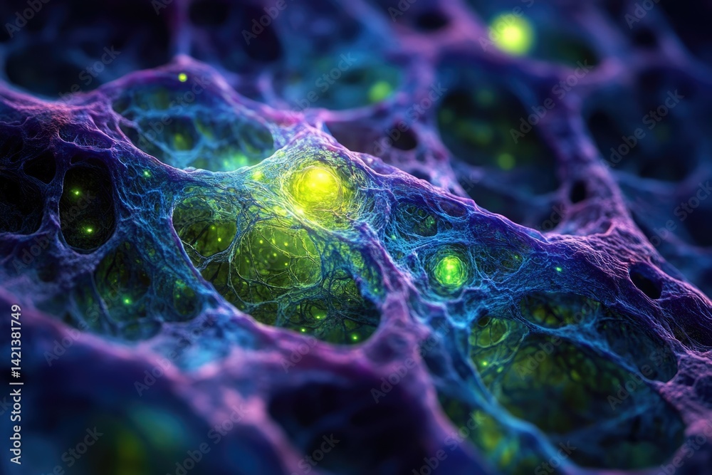 Poster Abstract image depicting a complex network structure with glowing nodes, resembling a neural network or cellular structure.