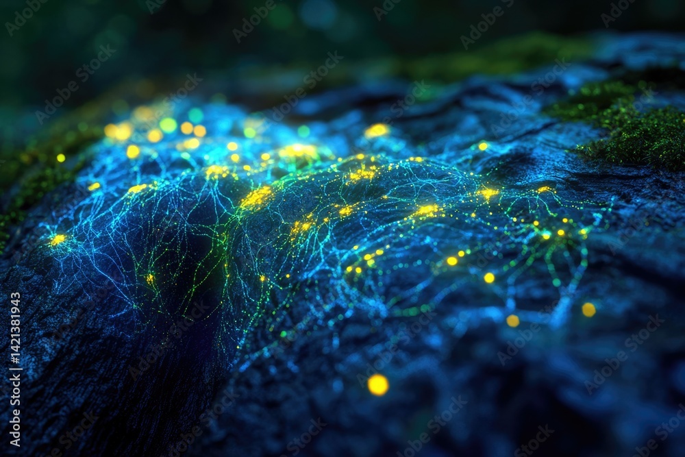 Aufkleber glowing blue and yellow network on a mossy surface, resembling neural pathways or bioluminescent org