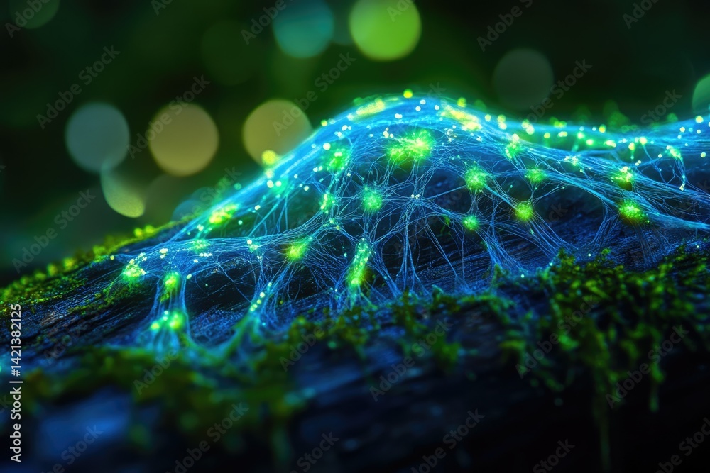 Poster glowing bioluminescent fungus network on mossy wood, creating a magical, ethereal scene in nature.