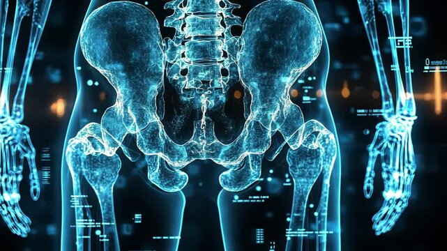 A close examination of the human skeletal anatomy with emphasis on the pelvis and spine illuminated in blue light. This visual highlights intricate bone structures.