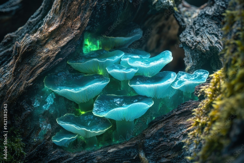 Poster cluster of luminous blue mushrooms glowing in a dark, decaying log, creating an ethereal scene.