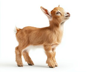 Cute young goat standing playfully against a clean white background.