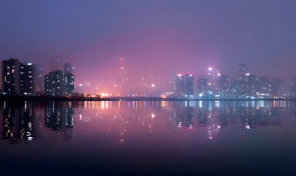 futuristic Korean cityscape at night with glowing holographic floating, Generative AI