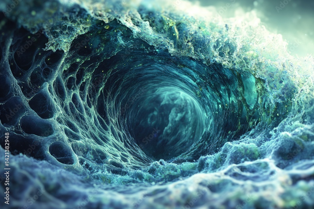 Poster a swirling vortex of teal ocean water, resembling a cosmic tunnel within a wave.