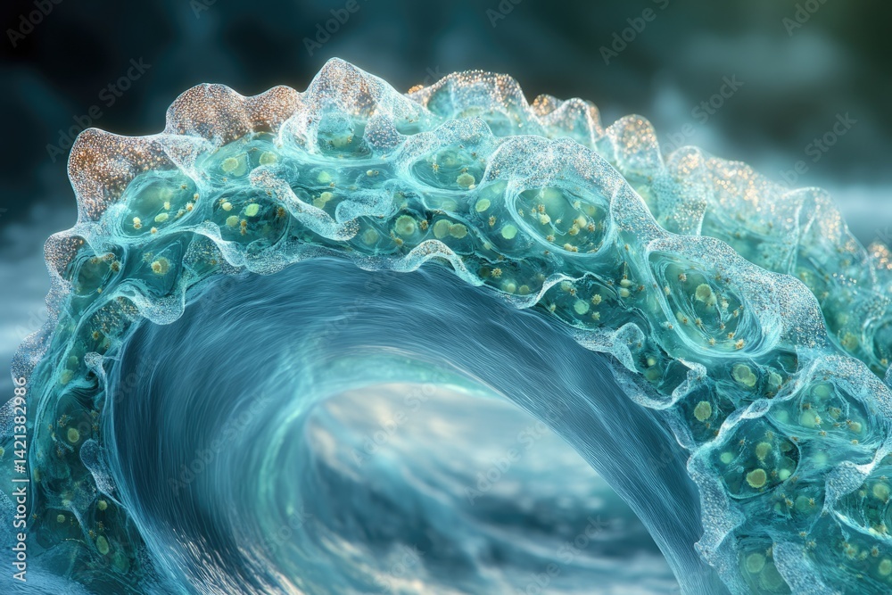 Poster Microscopic wave-like structure with numerous encapsulated cells, possibly representing a biological process or organism.