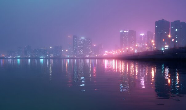 futuristic Korean cityscape at night with glowing holographic floating, Generative AI