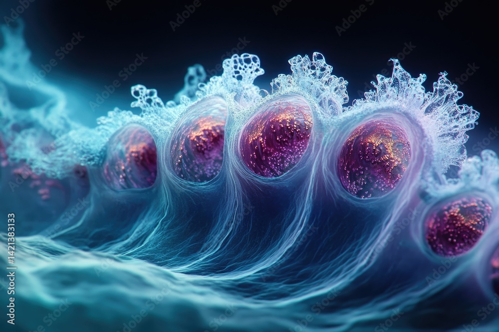 Poster Abstract cellular structure with vibrant, glowing spheres nestled within a wave-like, translucent membrane.