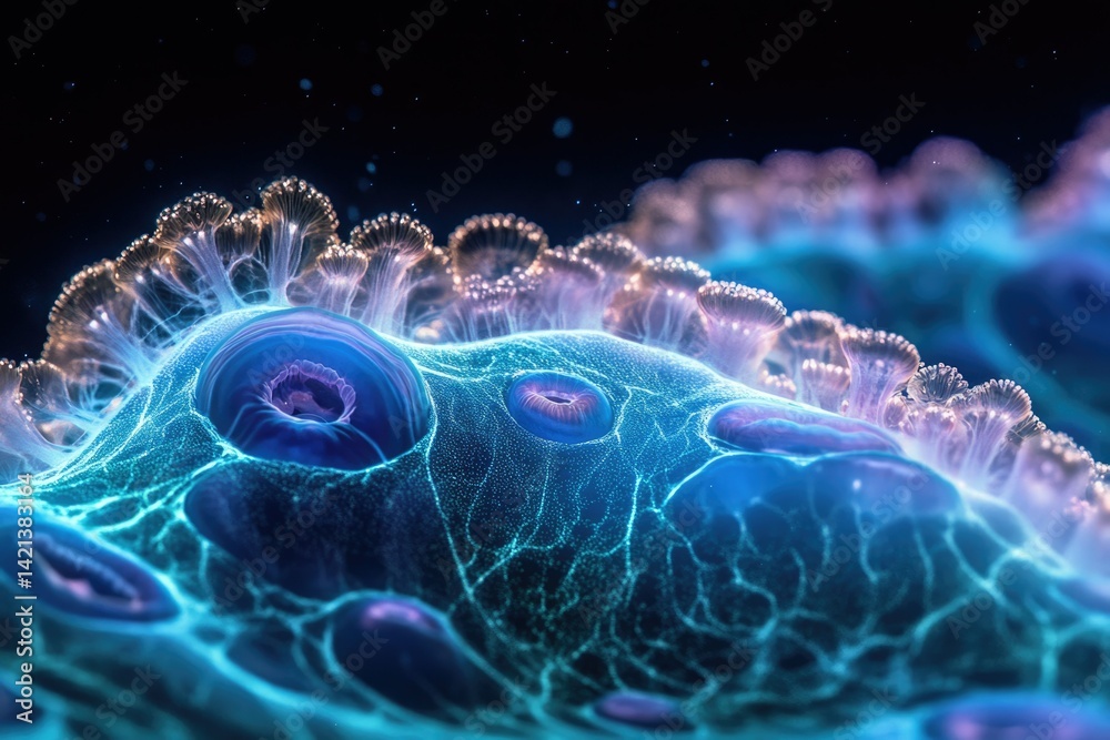 Poster microscopic view of vibrant, bioluminescent organism with intricate structures and glowing cilia.