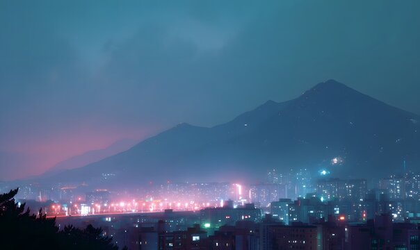 futuristic Korean cityscape at night with glowing holographic floating, Generative AI