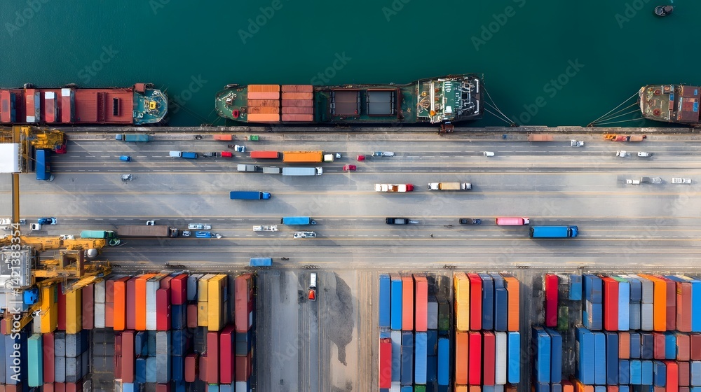 Leinwandbilder Aerial overhead view of a bustling shipping port with rows of multicolored cargo containers and trucks transporting goods through the busy transportation hub