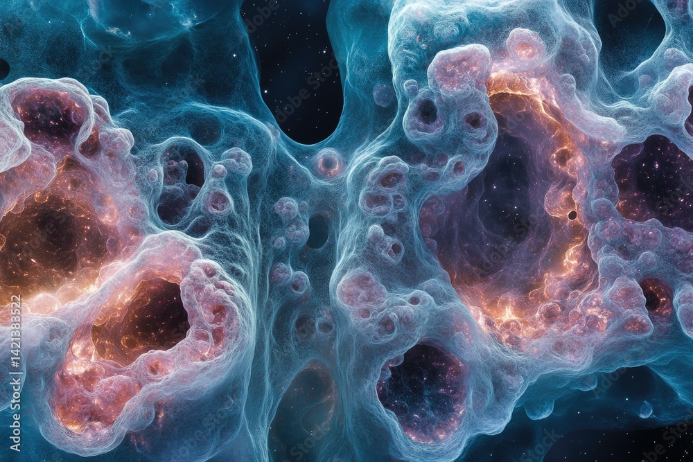 Poster abstract cosmic nebula with intricate, glowing formations and celestial details, creating a surreal,