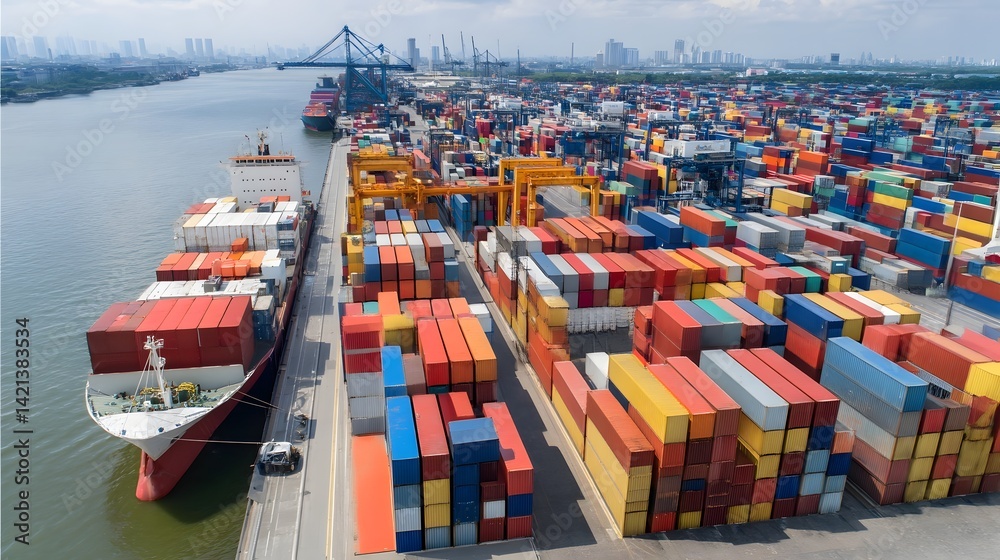 Leinwandbilder aerial view of a bustling logistics port with rows of stacked multicolored shipping containers and a