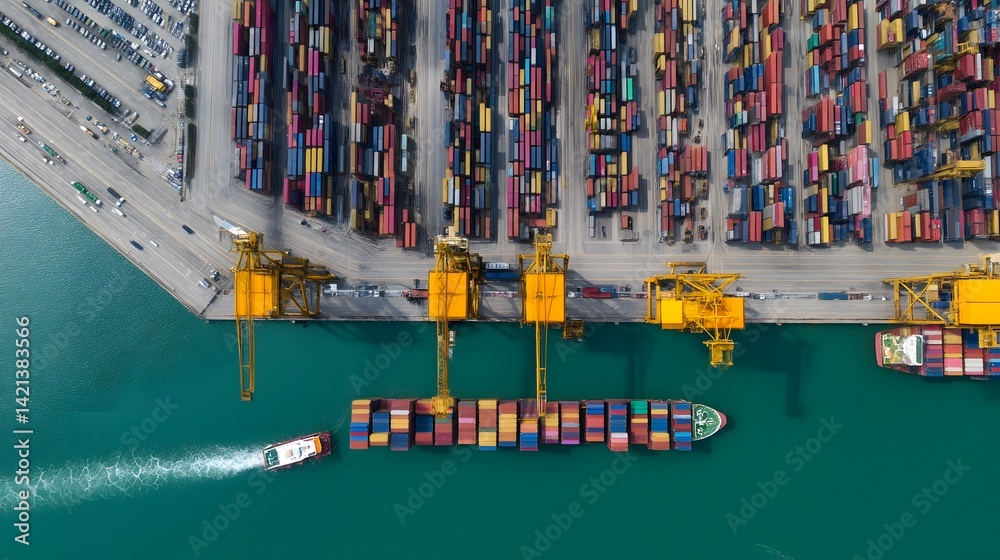 Aufkleber A busy logistics port in action with colorful shipping containers stacked high and a large cargo ship in the foreground showcasing the global trade and transportation industry