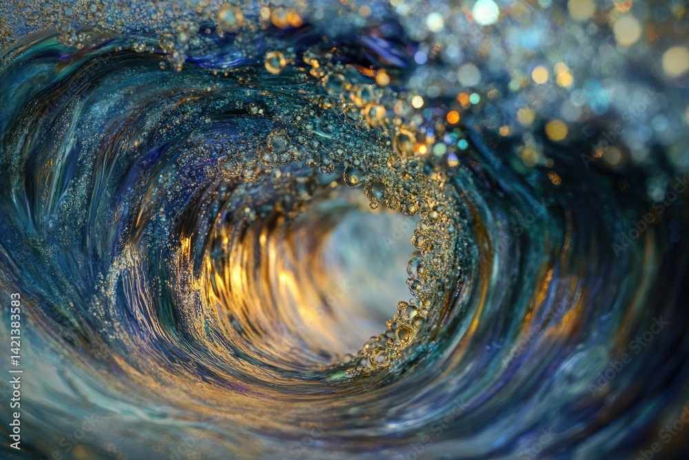 Poster A mesmerizing view inside a crashing wave, showcasing vibrant teal, gold, and sparkling bubbles.