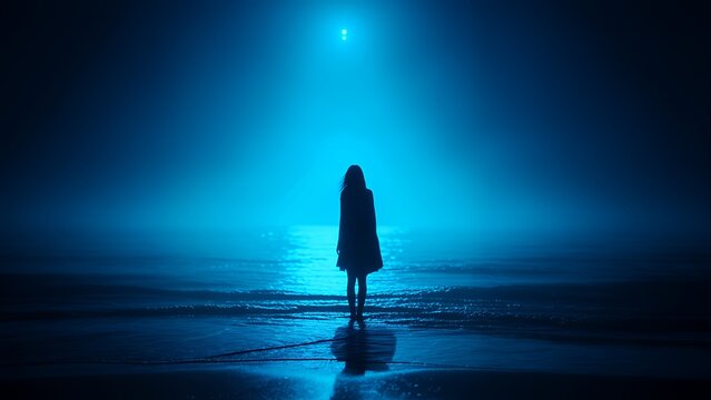 Solitary figure silhouetted against a moonlit ocean at night a poignant scene of quiet contemplation