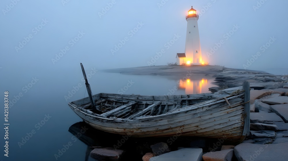 Poster an abandoned wooden boat sits stranded on the rocks its weathered hull silhouetted against the glowi