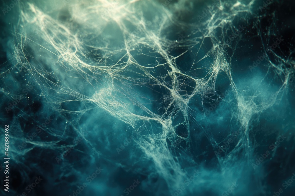 Aufkleber intricate spiderweb, ghostly white threads against a dark teal background, creating an eerie and mys