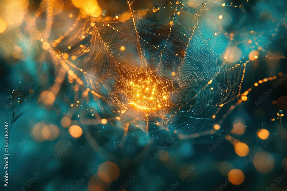 Poster A dew-kissed spiderweb glows with golden light against a teal backdrop, creating a magical, ethereal scene.