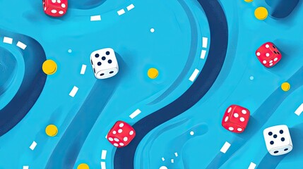 Abstract Dice Game Board: Colorful Cubes Rolling on a Blue Swirling Path