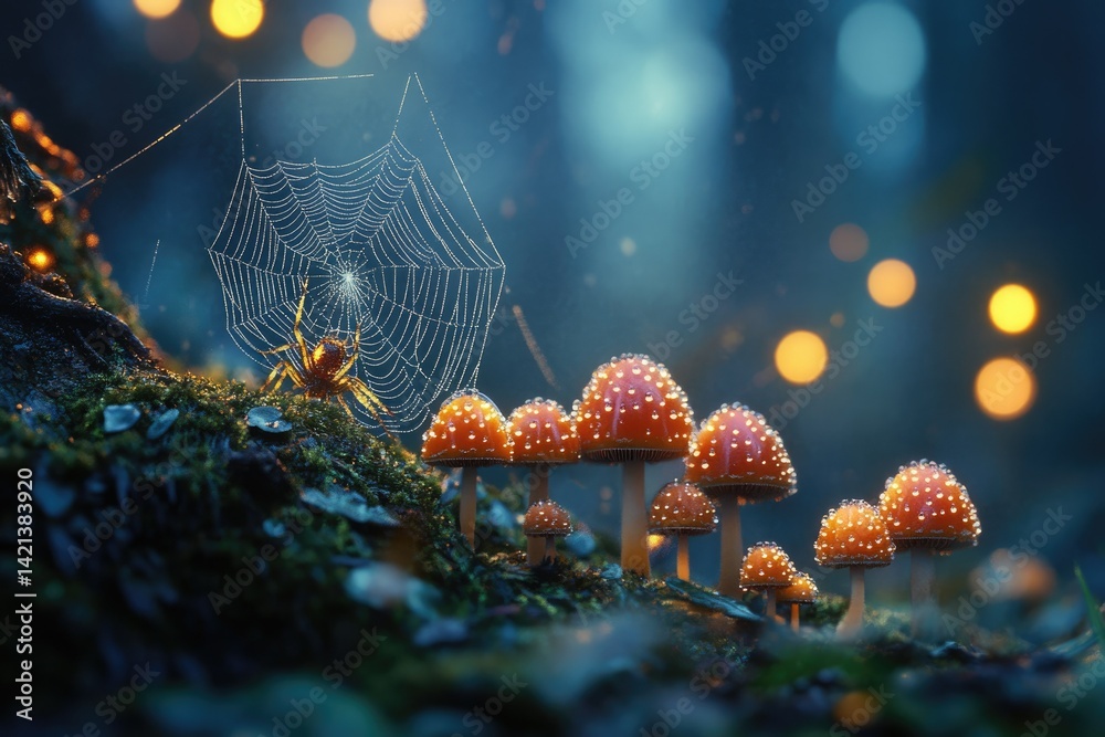 Poster enchanted forest scene with a spider on its web near glowing mushrooms.