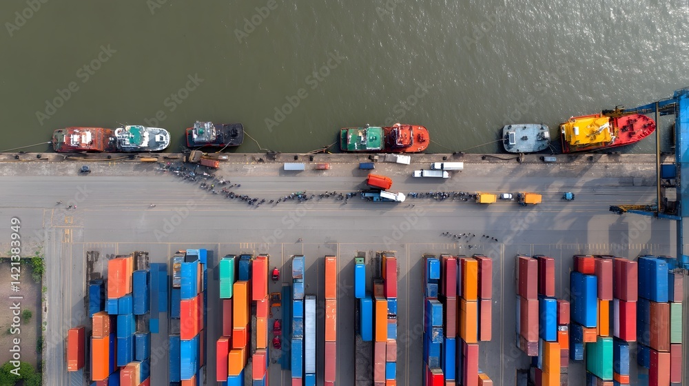 Poster an aerial overhead view of a bustling shipping port with rows of multicolored cargo containers and v