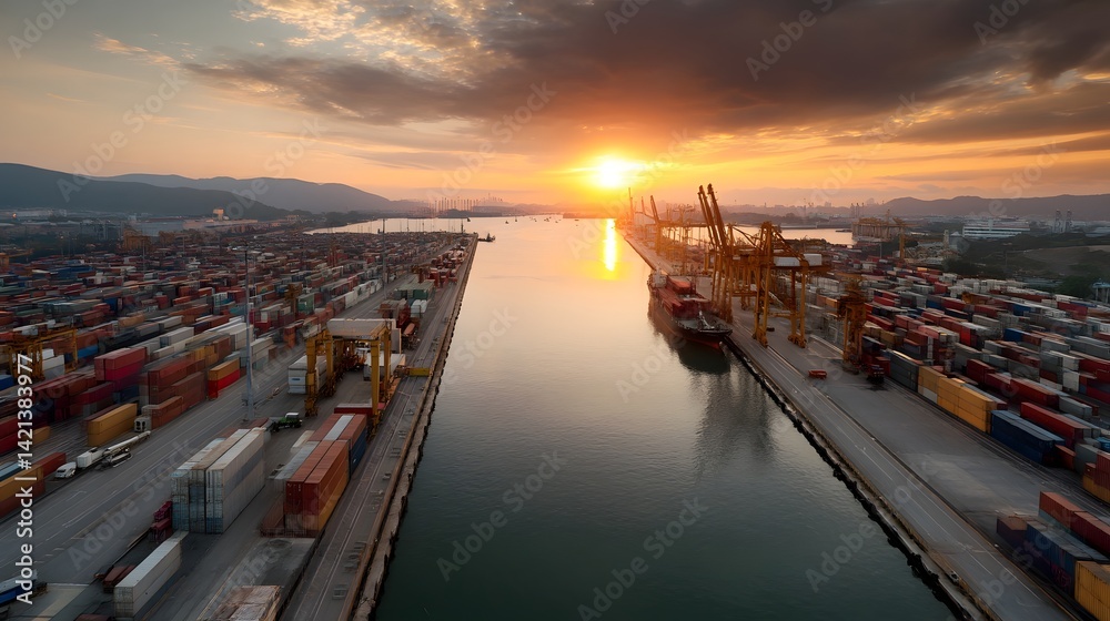 Poster An aerial view of a busy container port at sunset with cargo ships and cranes loading and unloading shipments against a dramatic sky