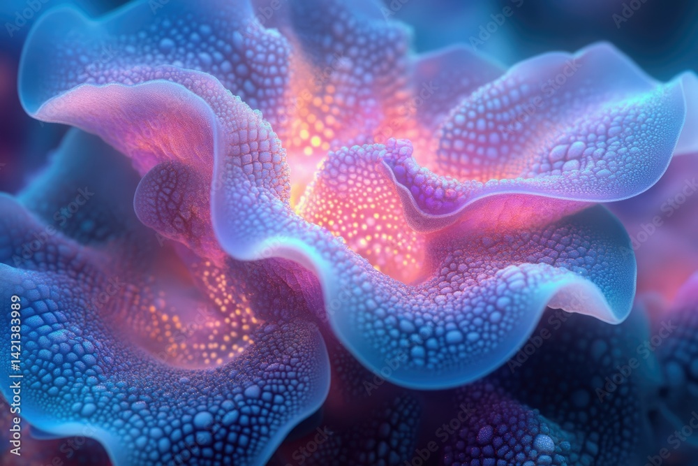 Poster abstract close-up of a bioluminescent, textured, wave-like structure resembling coral or a flower.