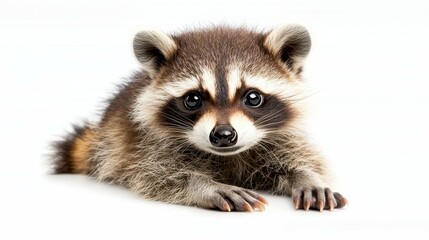 Obraz premium Adorable young raccoon with big eyes and fluffy fur against a white background.