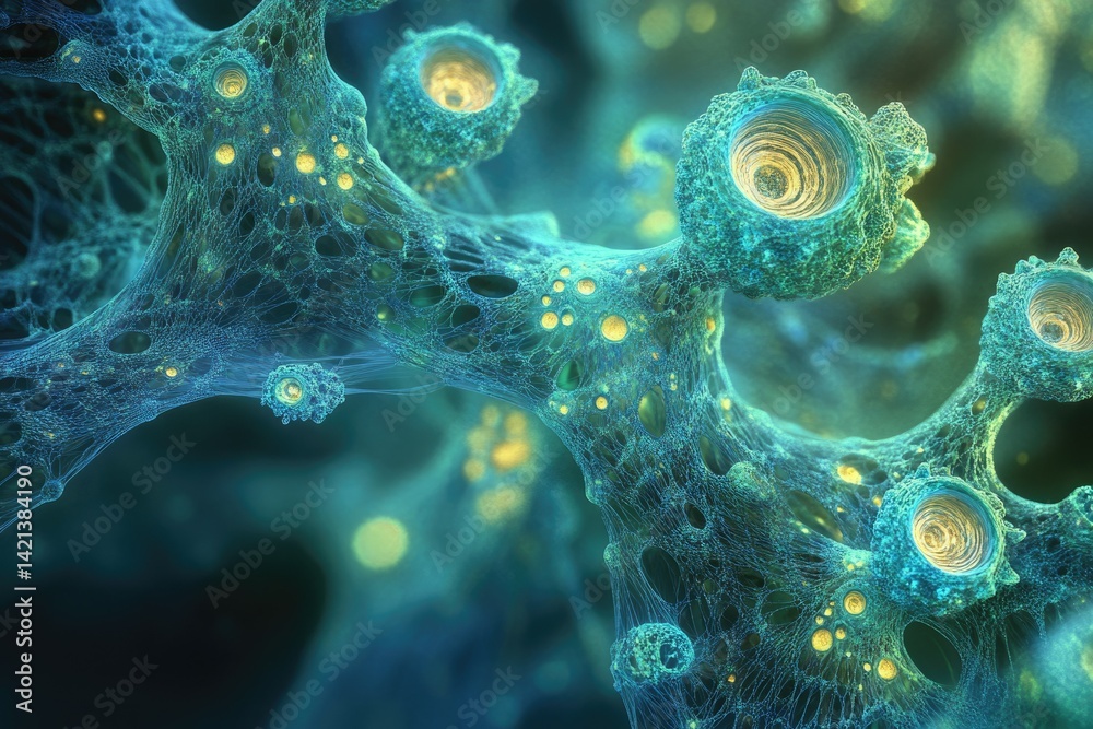 Poster Intricate network of interconnected nodes and filaments, resembling a complex biological structure or neural network.