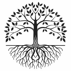 Vector silhouette of a tree with roots, symbolizing growth and nature
