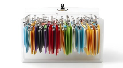 An assortment of transparent plastic document folders with vibrant labeled tabs neatly organized and displayed on a white surface
