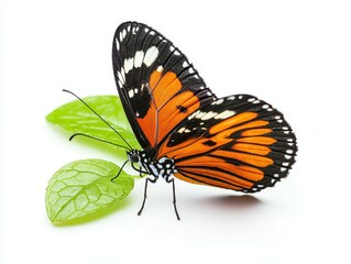 Obraz premium Close-up of a vibrant monarch butterfly resting on a green leaf.
