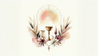 Catholic eucharist first communion watercolor illustration with chalice and cross art
