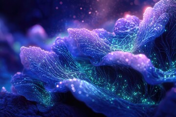 Glowing bioluminescent coral reef, vibrant purple and blue hues, intricate network of veins, digital art.