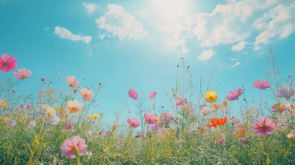 Bright and peaceful nature landscape with blooming flowers, blue sky, and sunlight. Uplifting atmosphere, perfect for happiness-related content. AI generated image.
