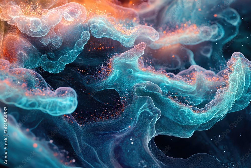 Poster abstract digital art depicting ethereal, glowing teal and orange formations resembling nebulae or mi