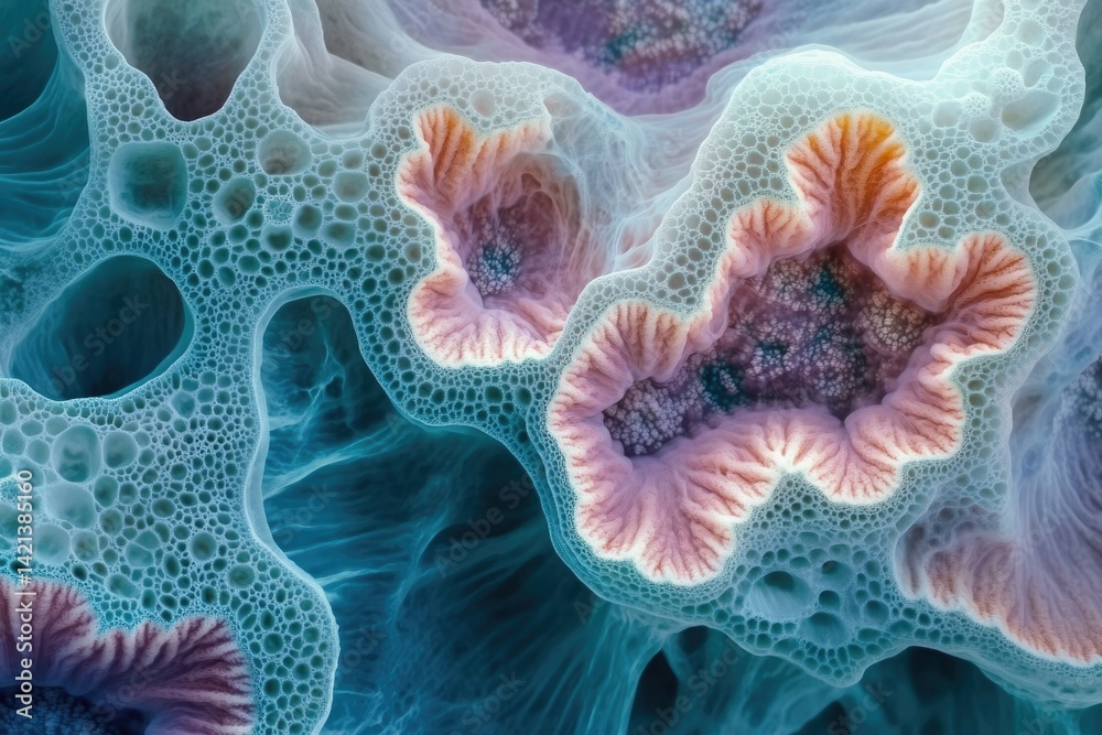 Poster intricate, biomorphic structure with bubble-like cavities and coral-like formations in teal and pink