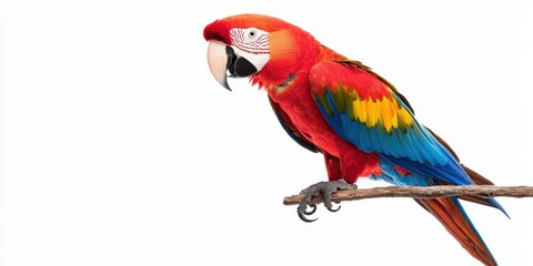 Fototapeta premium Vibrant scarlet macaw perched on a branch with stunning colorful feathers.